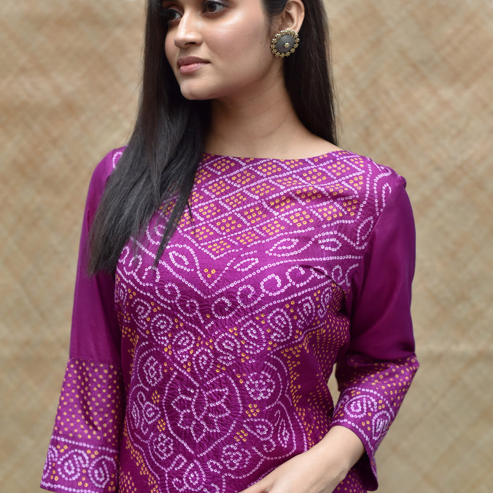 
                      
                        Intricate Bandhani on Pure Silk Kurta - Purple
                      
                    