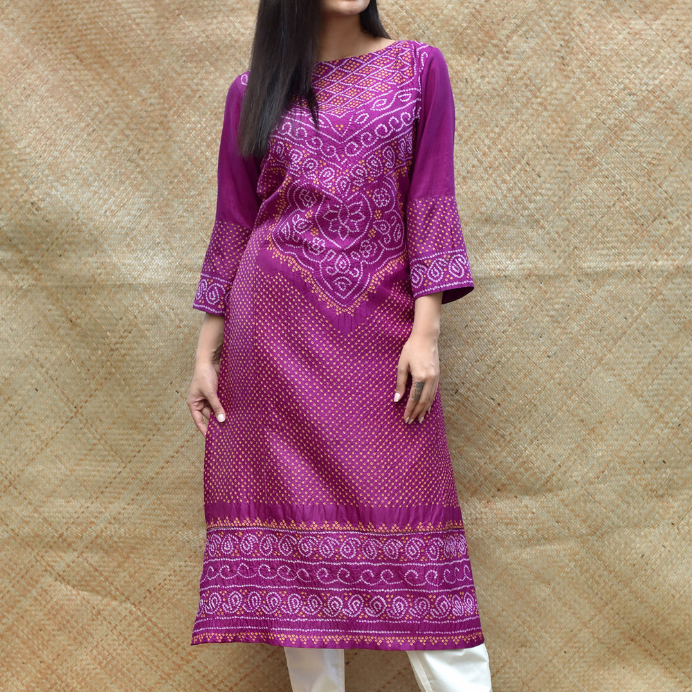 Intricate Bandhani on Pure Silk Kurta - Purple