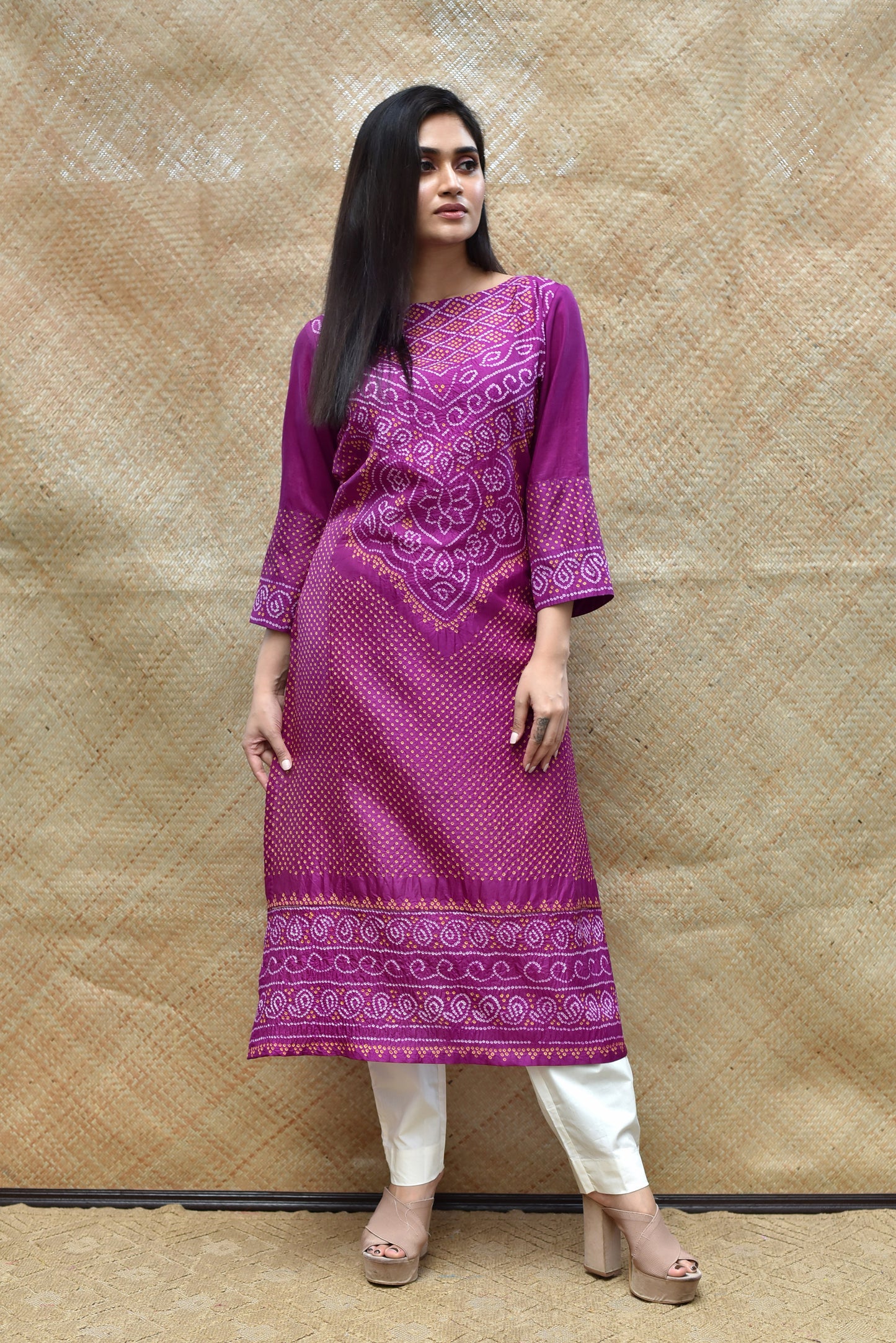 Intricate Bandhani on Pure Silk Kurta - Purple