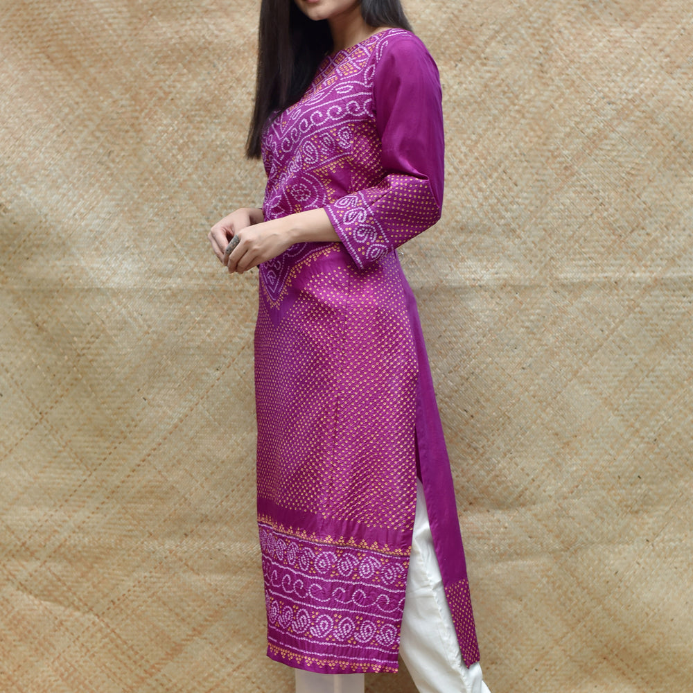 
                      
                        Intricate Bandhani on Pure Silk Kurta - Purple
                      
                    