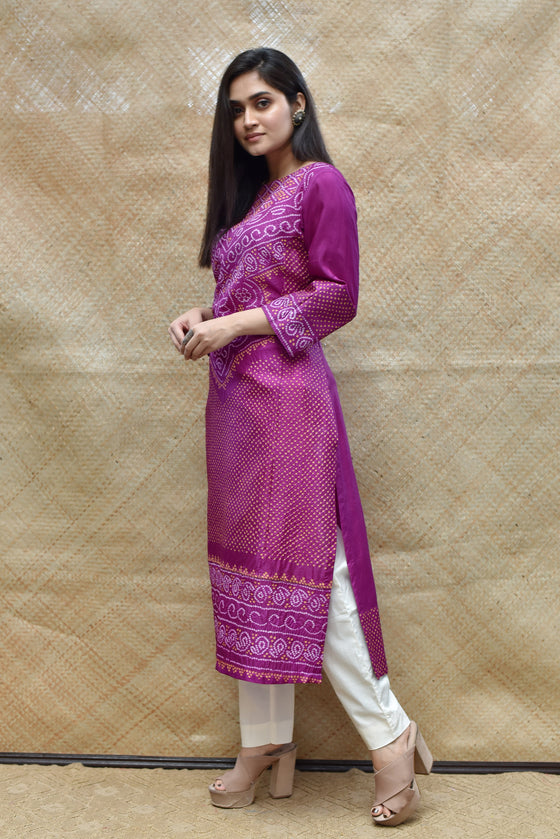 Intricate Bandhani on Pure Silk Kurta - Purple