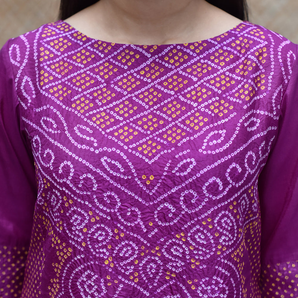 
                      
                        Intricate Bandhani on Pure Silk Kurta - Purple
                      
                    