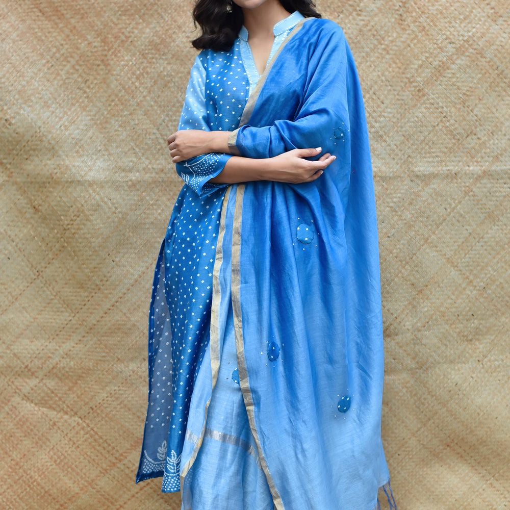 Blue Shaded Bandhani on Chanderi Suit Set