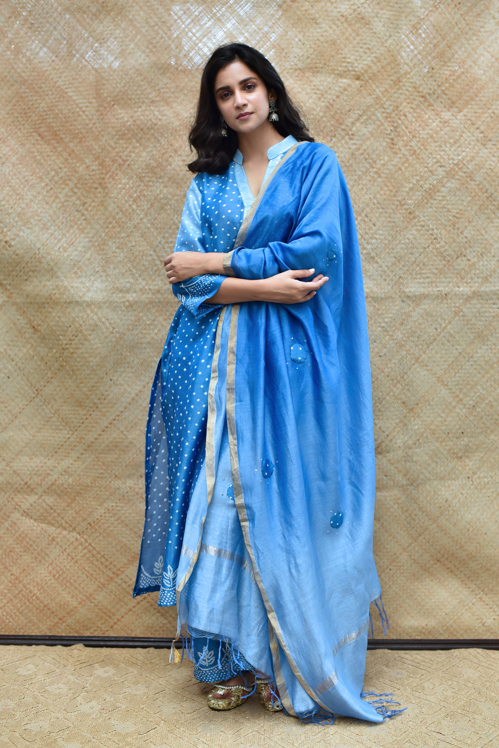 Blue Shaded Bandhani on Chanderi Suit Set