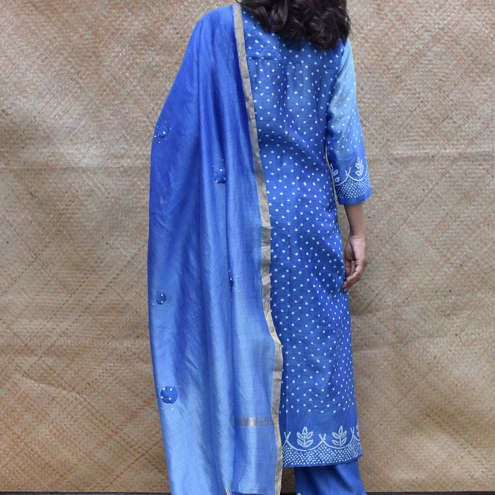 
                      
                        Blue Shaded Bandhani on Chanderi Suit Set
                      
                    