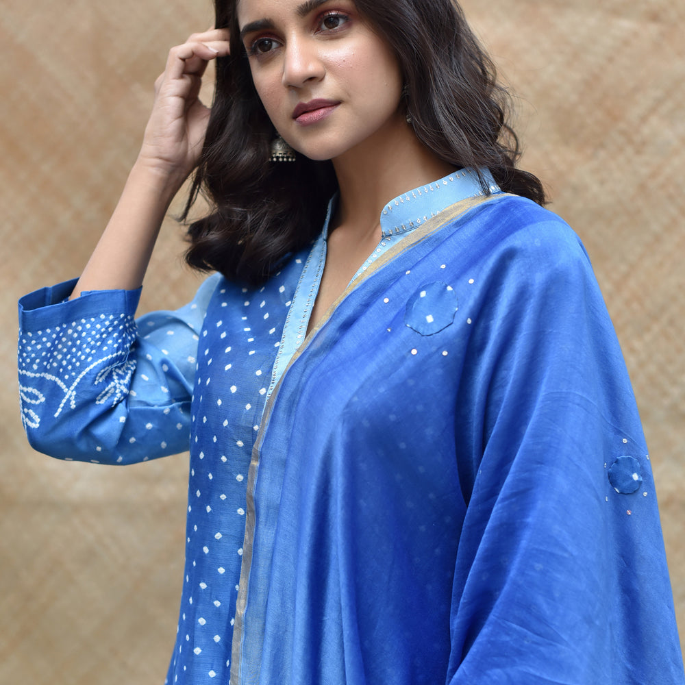 
                      
                        Blue Shaded Bandhani on Chanderi Suit Set
                      
                    