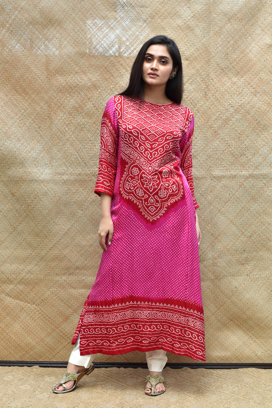 Intricate Bandhani on Gaji Silk Kurta - Fushcia and Red
