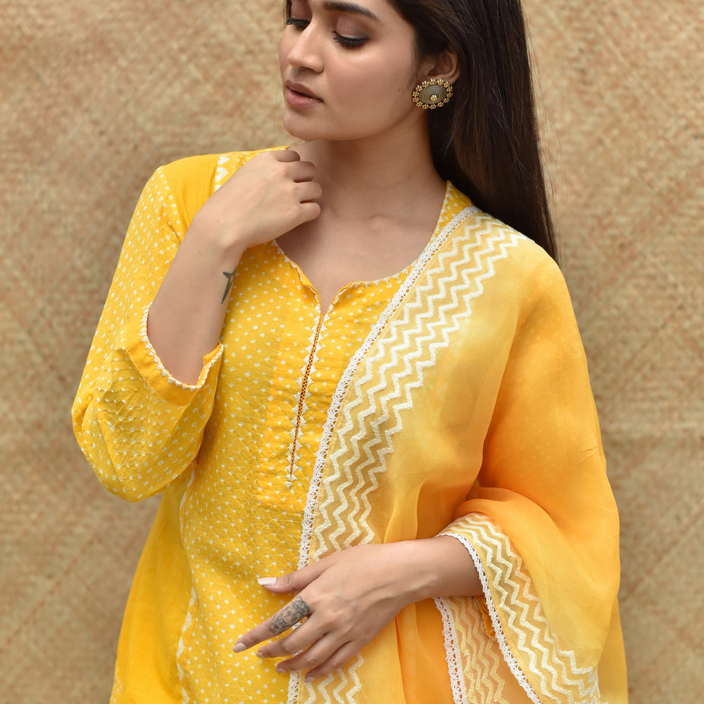 
                      
                        Bandhej Cotton Suit Set - Yellow
                      
                    