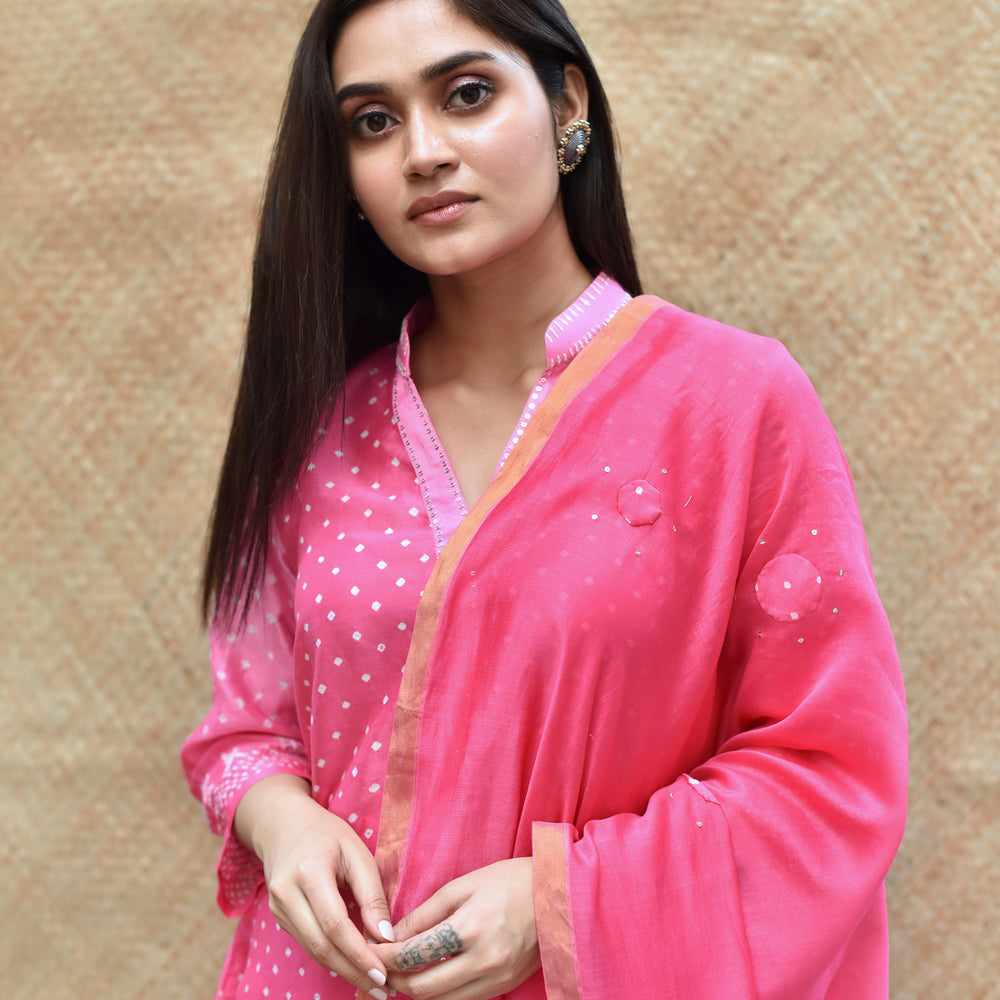 Pink Shaded Bandhani on Chanderi Suit Set