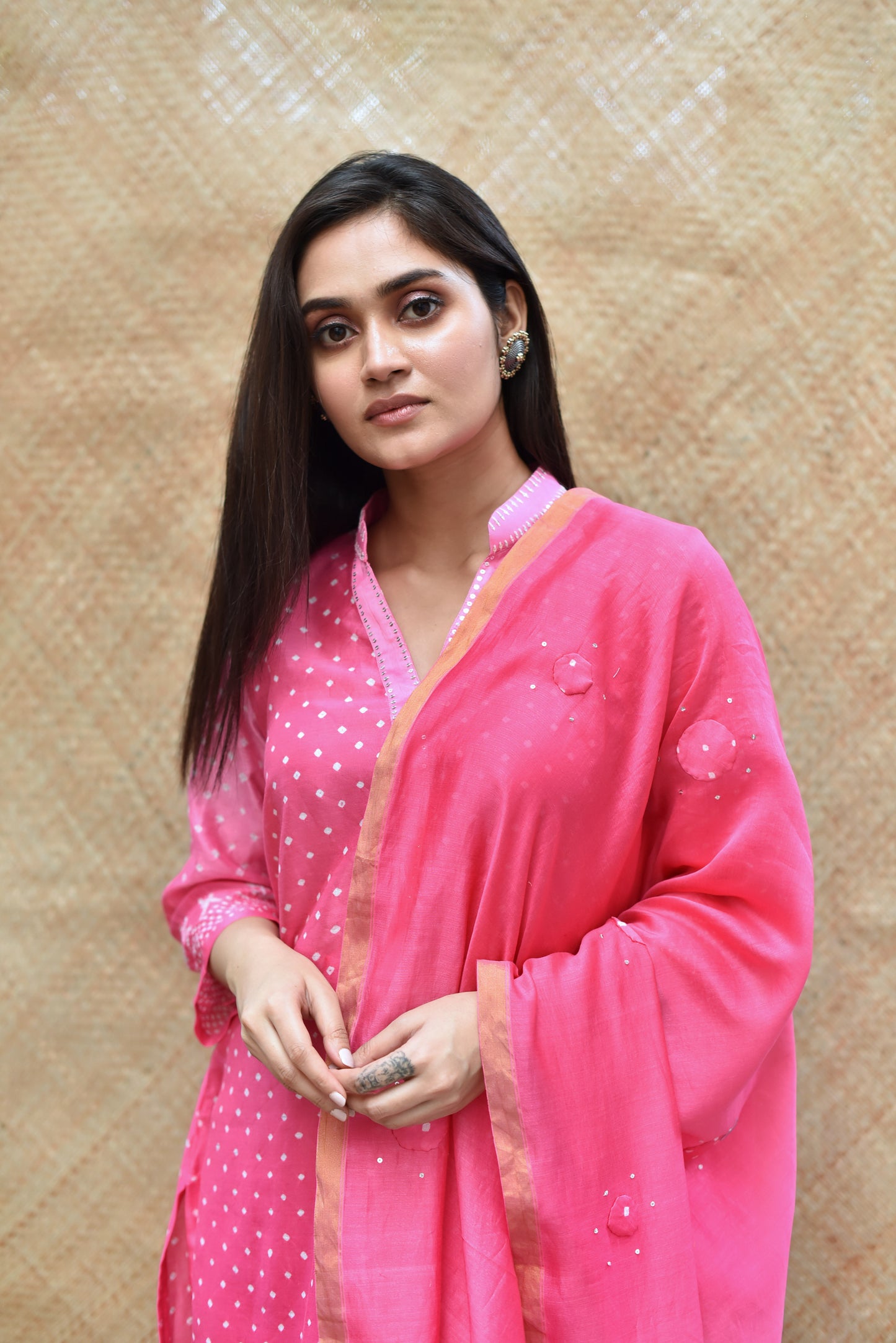 Pink Shaded Bandhani on Chanderi Suit Set