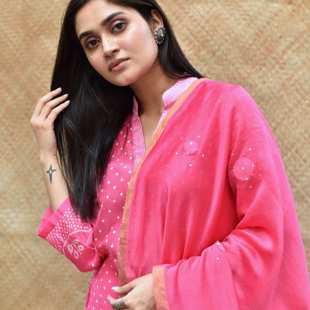 
                      
                        Pink Shaded Bandhani on Chanderi Suit Set
                      
                    