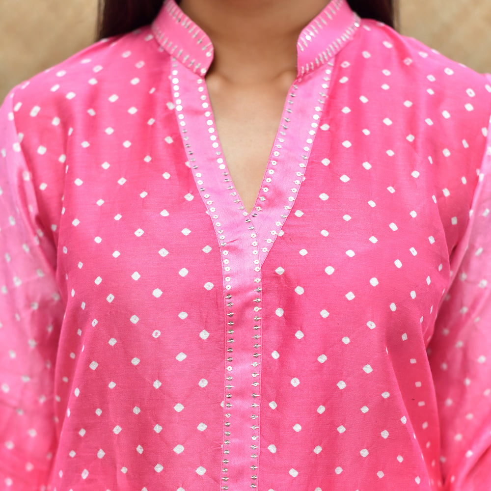 
                      
                        Pink Shaded Bandhani on Chanderi Suit Set
                      
                    