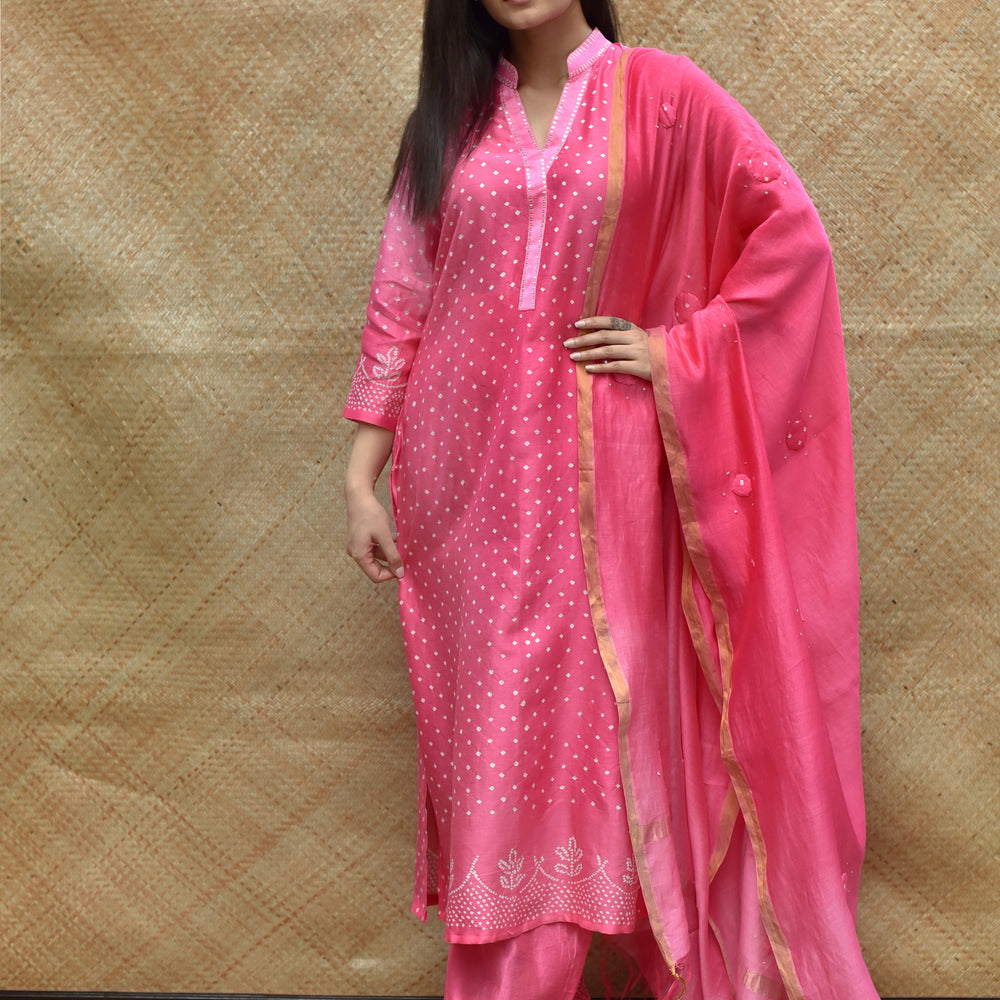 
                      
                        Pink Shaded Bandhani on Chanderi Suit Set
                      
                    