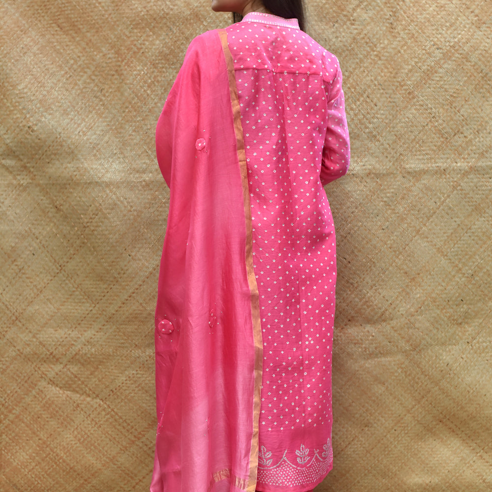 
                      
                        Pink Shaded Bandhani on Chanderi Suit Set
                      
                    