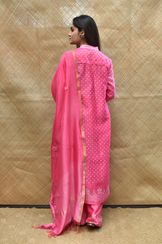 Pink Shaded Bandhani on Chanderi Suit Set
