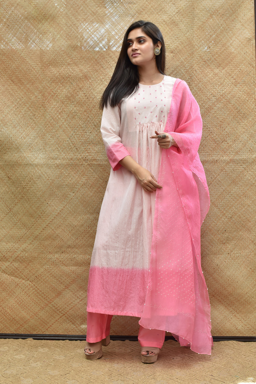 Pure Silk Kurta Set with Bandhani on Organza Dupatta - Pink