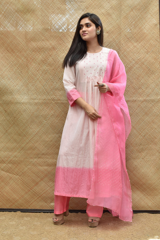 Pure Silk Kurta Set with Bandhani on Organza Dupatta - Pink