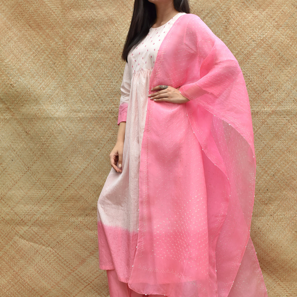 
                      
                        Pure Silk Kurta Set with Bandhani on Organza Dupatta - Pink
                      
                    