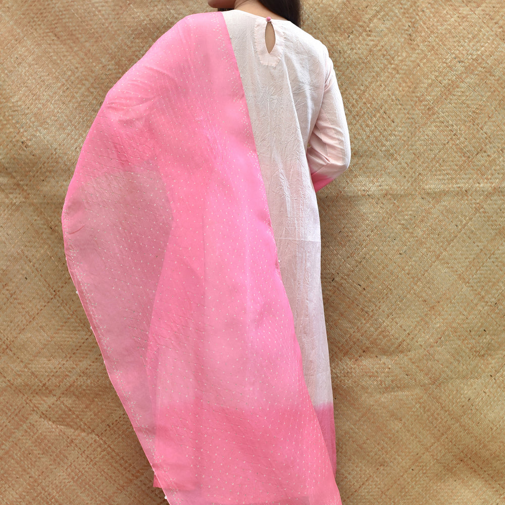 
                      
                        Pure Silk Kurta Set with Bandhani on Organza Dupatta - Pink
                      
                    