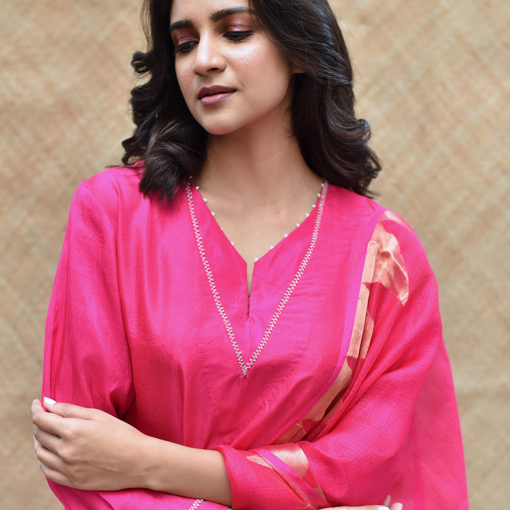 
                      
                        Bright Pink Arashi Pure Silk Kurta
                      
                    