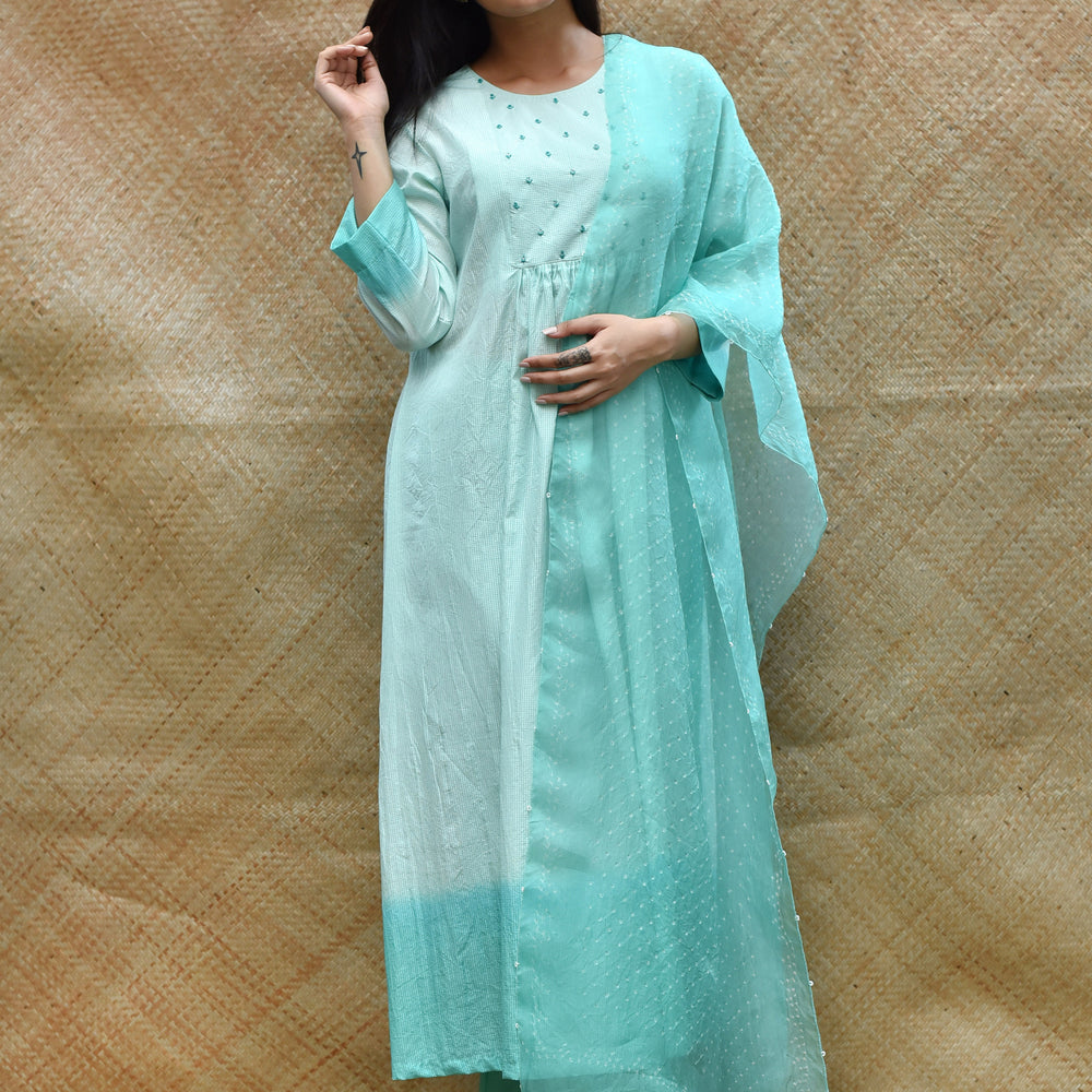 
                      
                        Pure Silk Kurta Set with Bandhani on Organza Dupatta - Sea Green
                      
                    