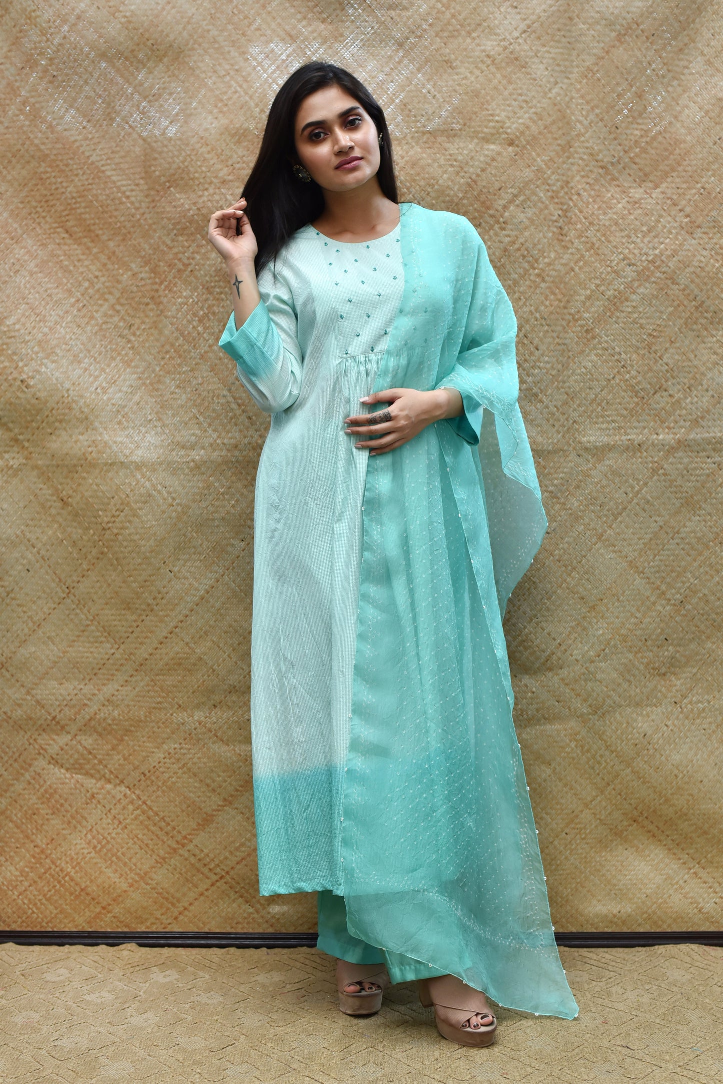 Pure Silk Kurta Set with Bandhani on Organza Dupatta - Sea Green