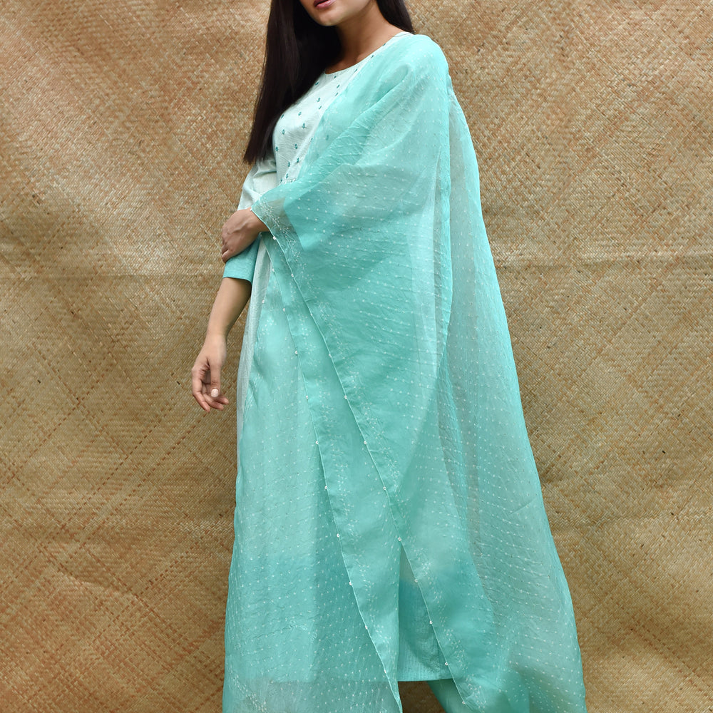 
                      
                        Pure Silk Kurta Set with Bandhani on Organza Dupatta - Sea Green
                      
                    