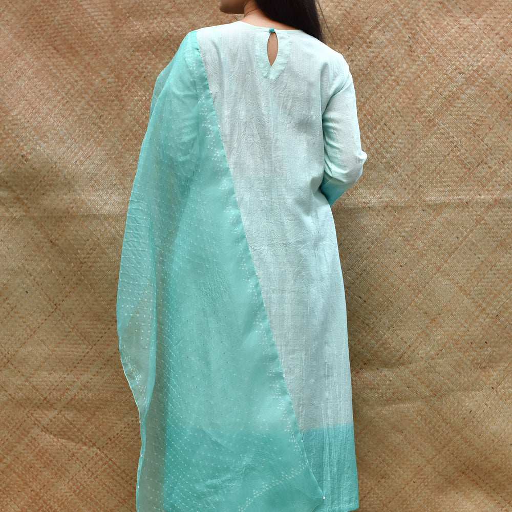 
                      
                        Pure Silk Kurta Set with Bandhani on Organza Dupatta - Sea Green
                      
                    