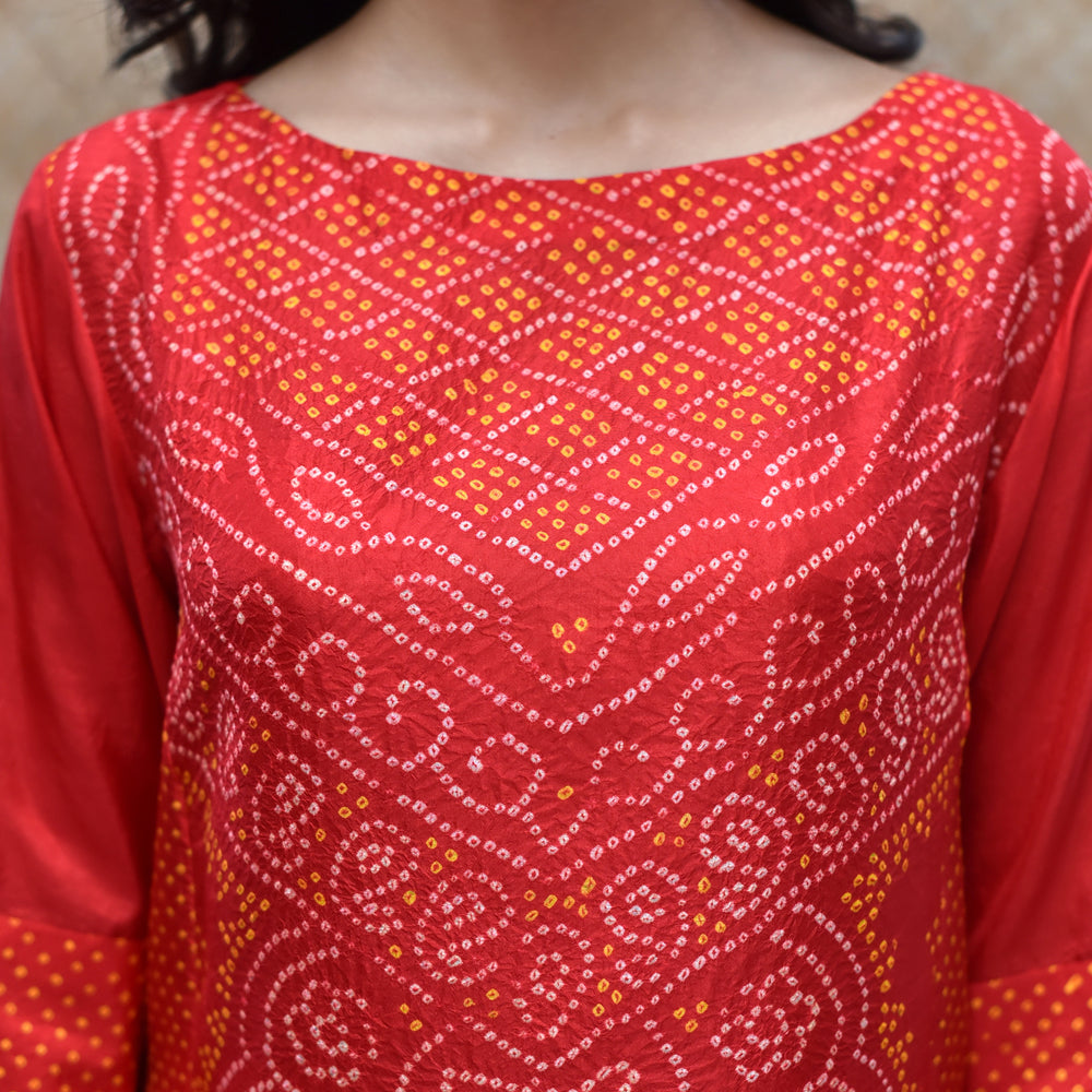 
                      
                        Intricate Bandhani on Pure Silk Kurta - Red
                      
                    