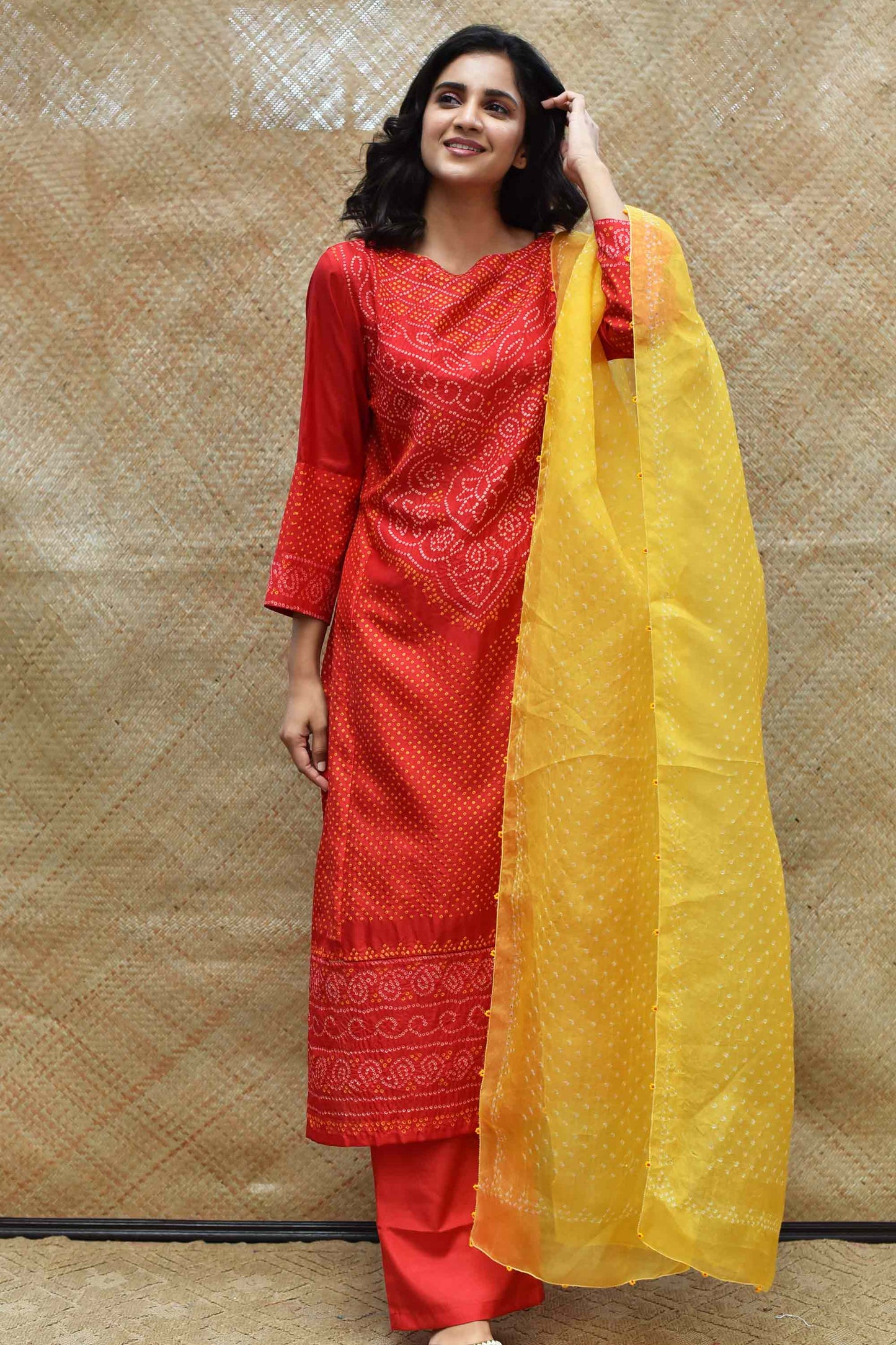 Bandhani on Pure Organza Dupatta - Yellow