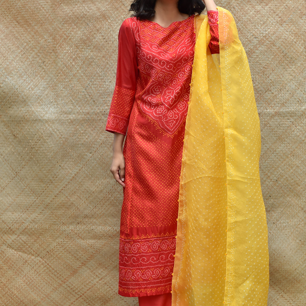 Intricate Bandhani on Pure Silk Kurta - Red