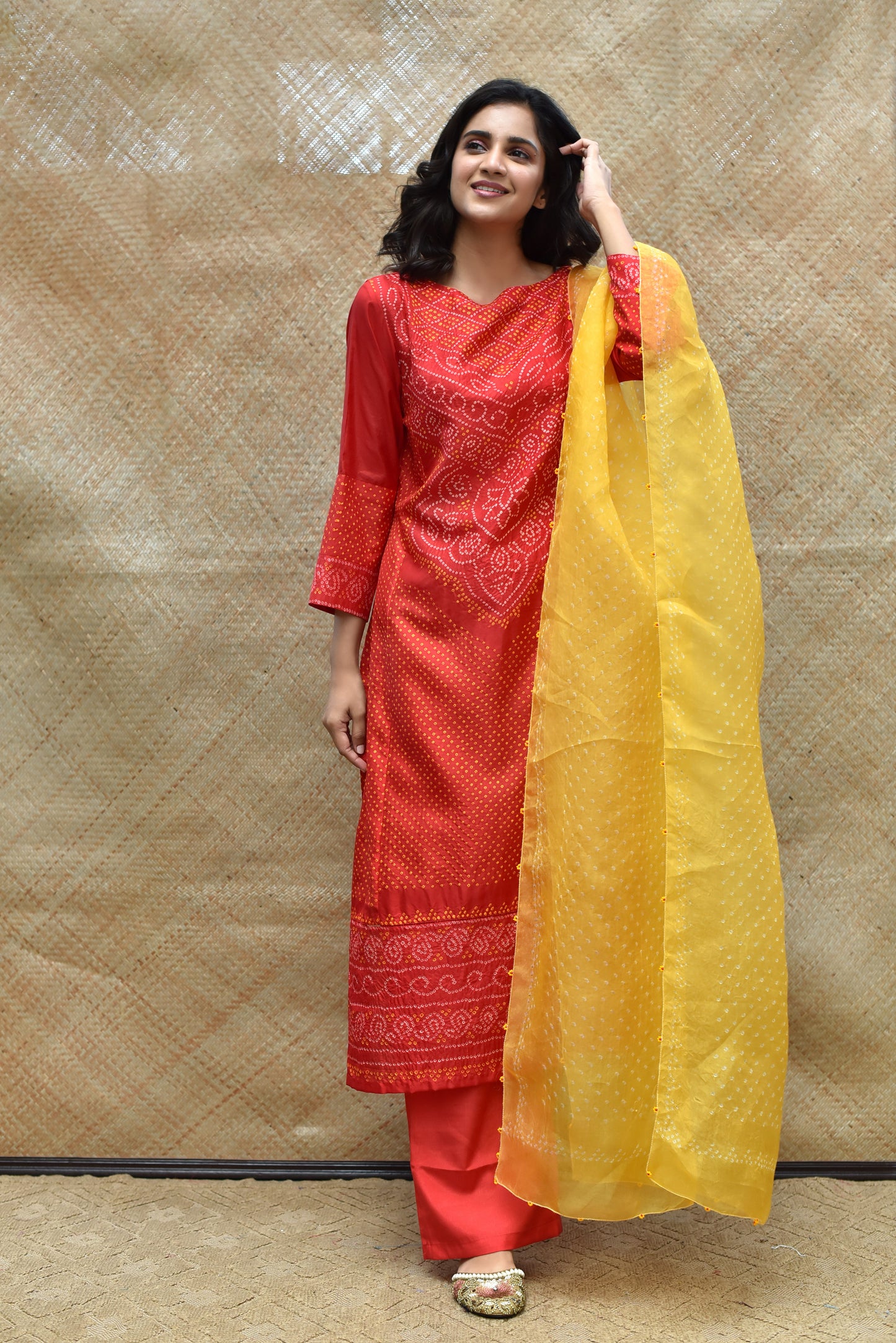 Intricate Bandhani on Pure Silk Kurta - Red