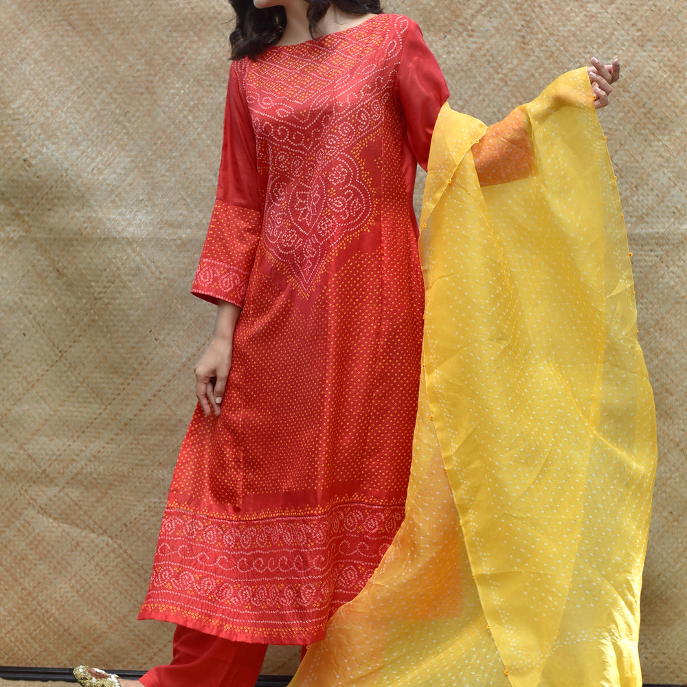 
                      
                        Intricate Bandhani on Pure Silk Kurta - Red
                      
                    