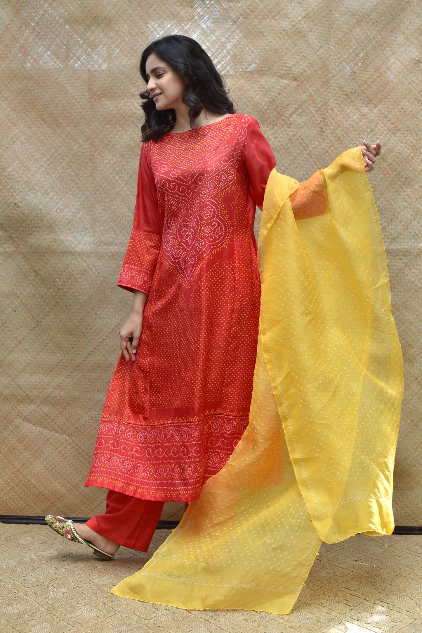 Intricate Bandhani on Pure Silk Kurta - Red