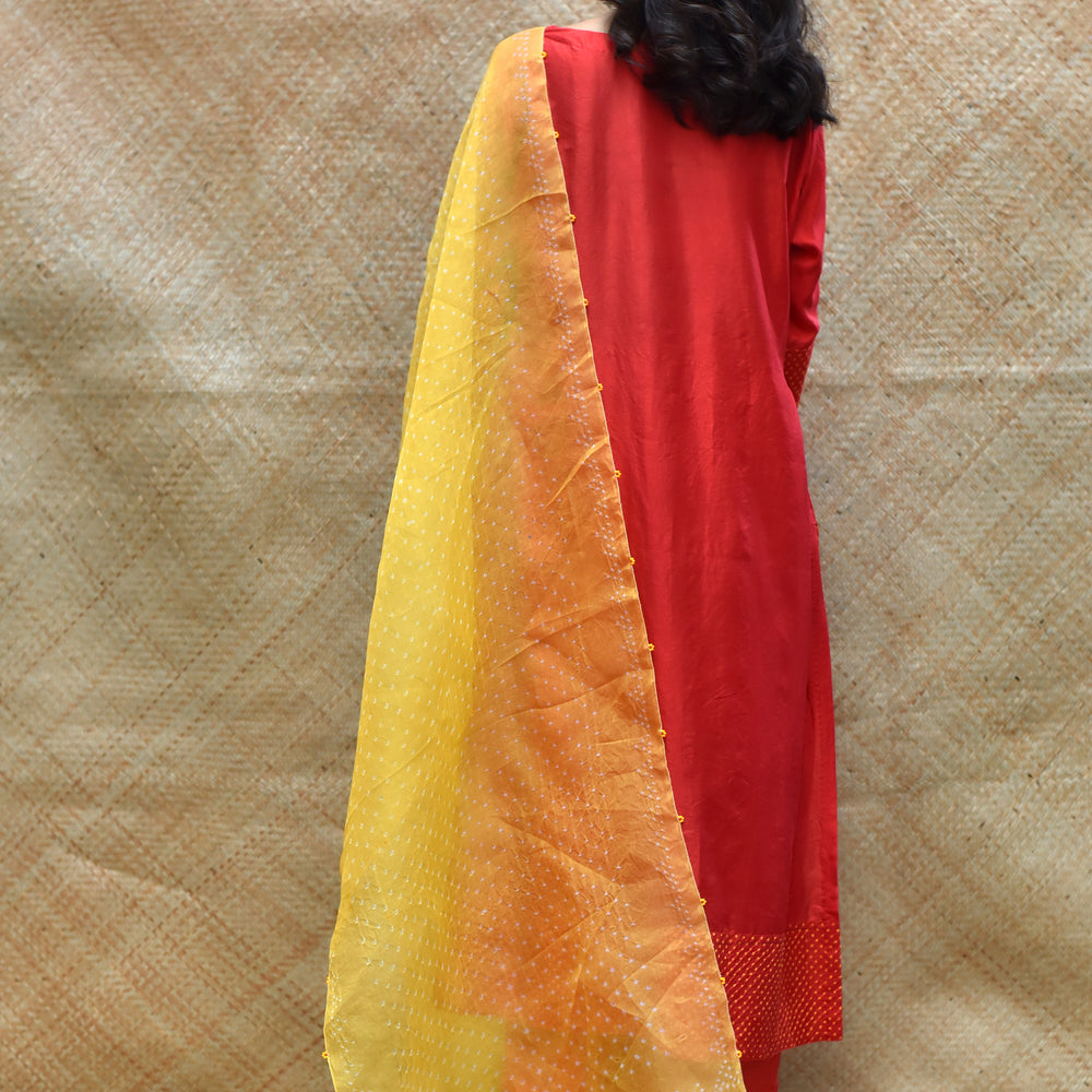 
                      
                        Intricate Bandhani on Pure Silk Kurta - Red
                      
                    