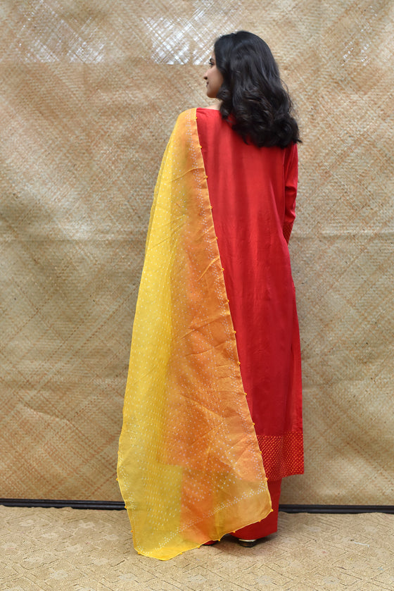 Intricate Bandhani on Pure Silk Kurta - Red