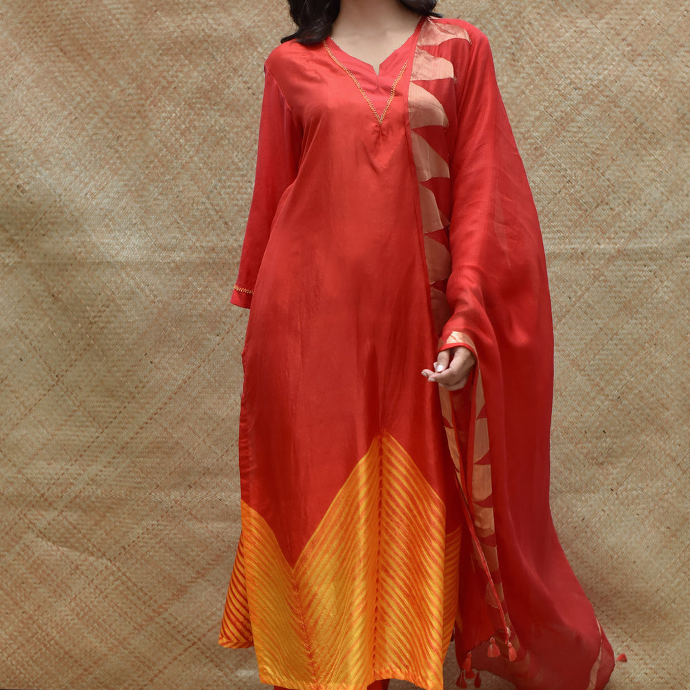 Bright Red Arashi Pure Silk Kurta