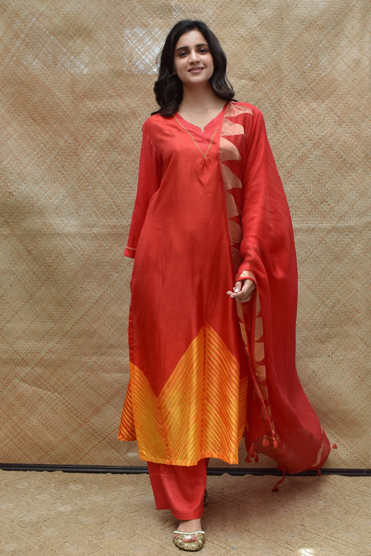 Bright Red Arashi Pure Silk Kurta