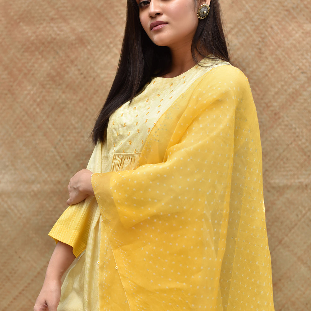 
                      
                        Pure Silk Kurta Set with Bandhani on Organza Dupatta - Yellow
                      
                    