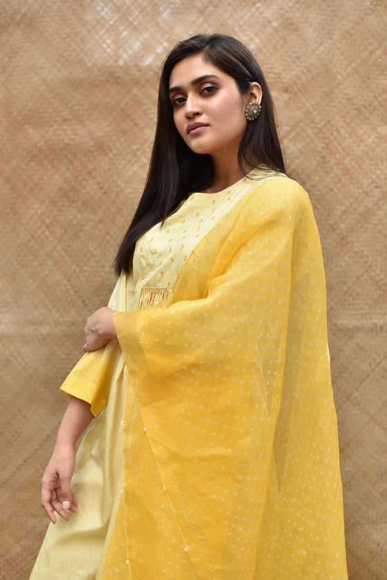 Pure Silk Kurta Set with Bandhani on Organza Dupatta - Yellow