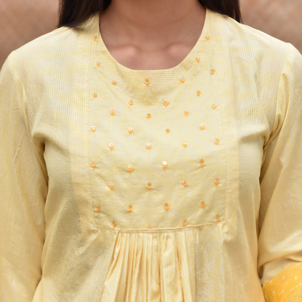 
                      
                        Pure Silk Kurta Set with Bandhani on Organza Dupatta - Yellow
                      
                    