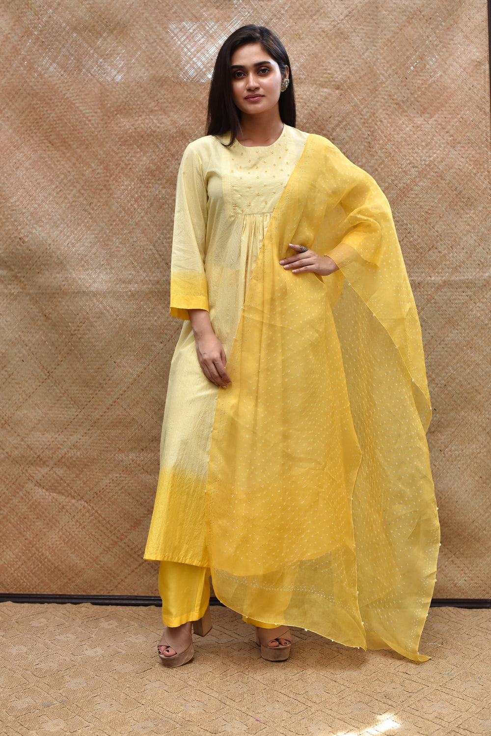 Pure Silk Kurta Set with Bandhani on Organza Dupatta - Yellow