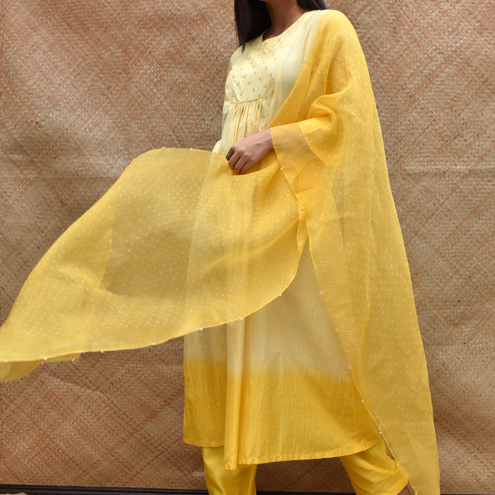 
                      
                        Pure Silk Kurta Set with Bandhani on Organza Dupatta - Yellow
                      
                    