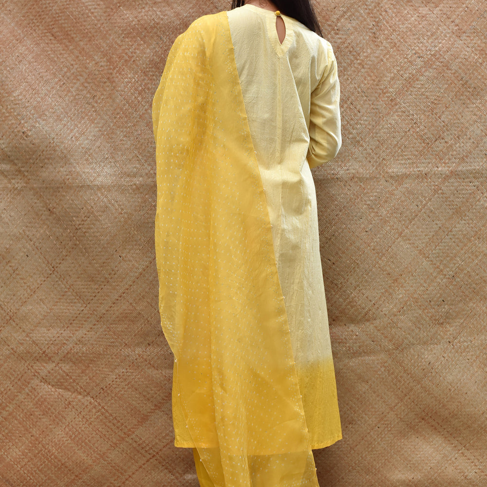 
                      
                        Pure Silk Kurta Set with Bandhani on Organza Dupatta - Yellow
                      
                    