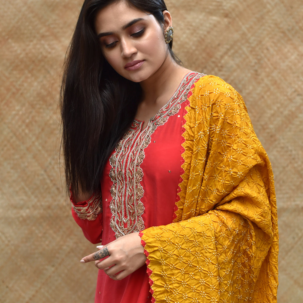 
                      
                        Bandhani on Pure Silk Dupatta - Haldi
                      
                    