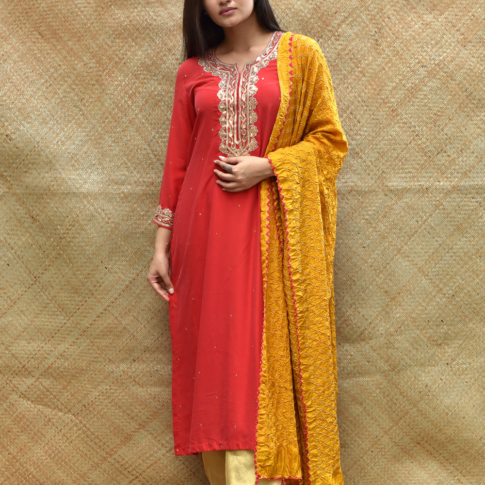 Red Silk Kurta with Sequence Work