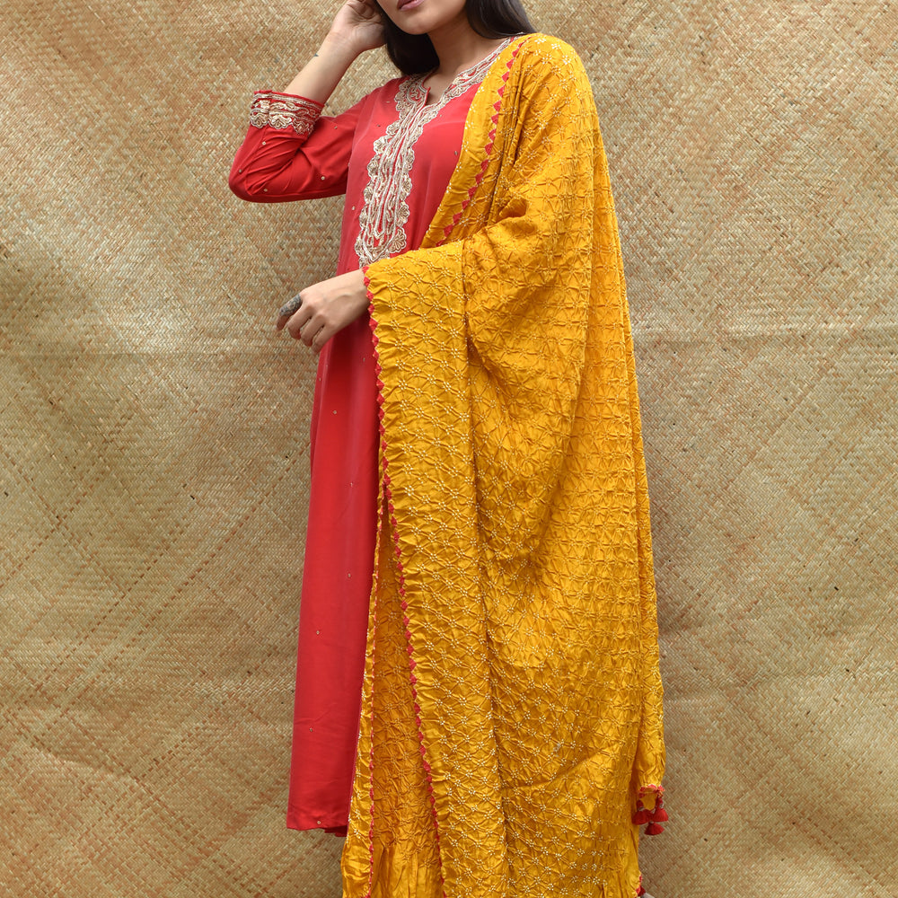 Bandhani on Pure Silk Dupatta - Haldi