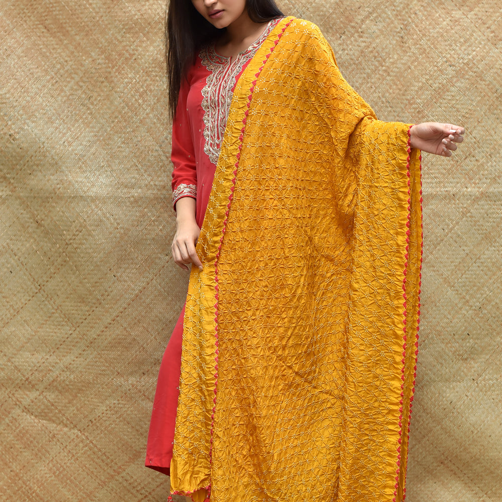 Bandhani on Pure Silk Dupatta - Haldi