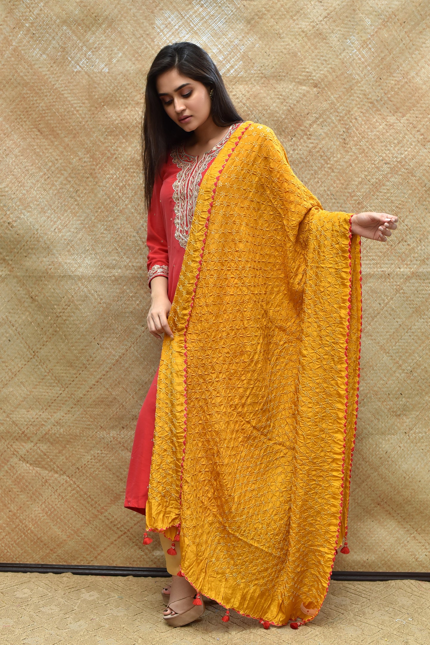 Bandhani on Pure Silk Dupatta - Haldi