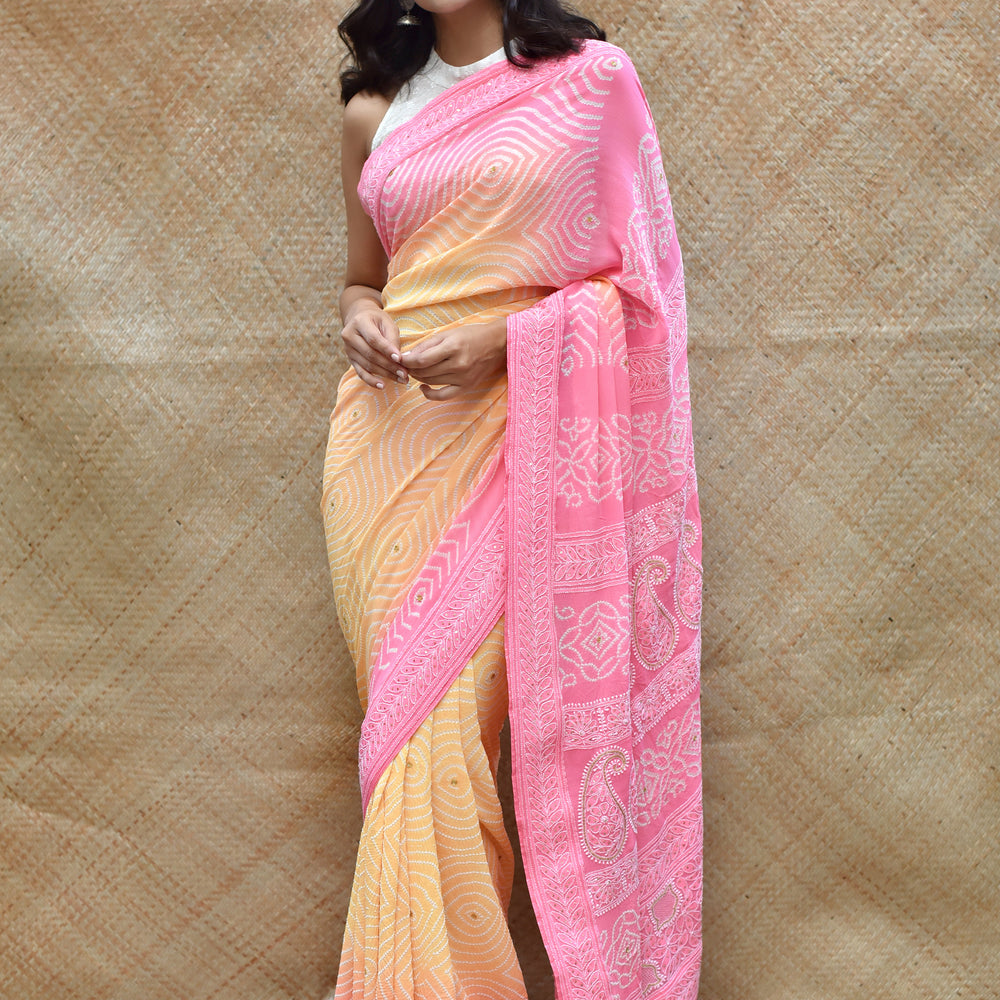 
                      
                        Bandhani and Chikankari Saree - Yellow Pink
                      
                    